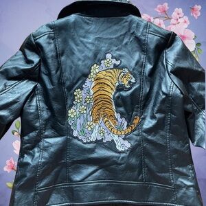 Floral Tiger Patch Leather Studded Jacket
